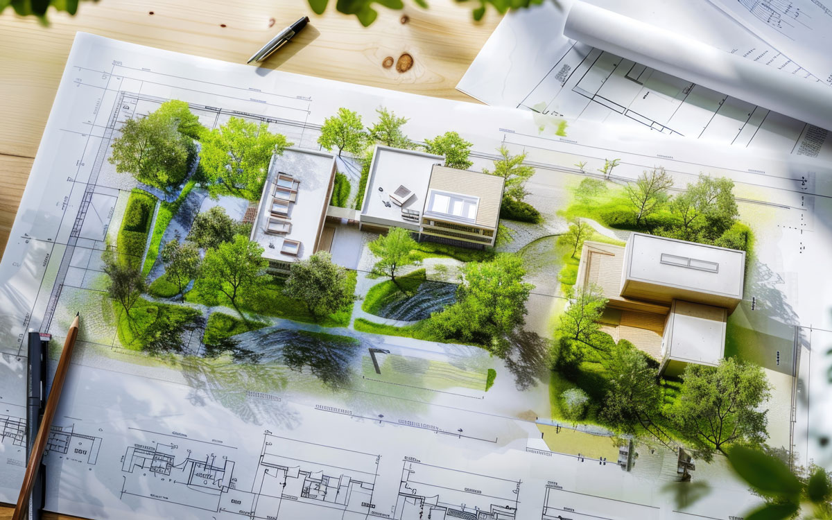 Baupläne mit Landschaftsgestaltung auf einem Tisch